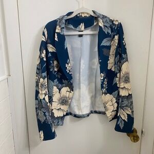 SHEIN X Floral Print Open Front Blazer Navy Blue Cream Stretch Jacket Womens M